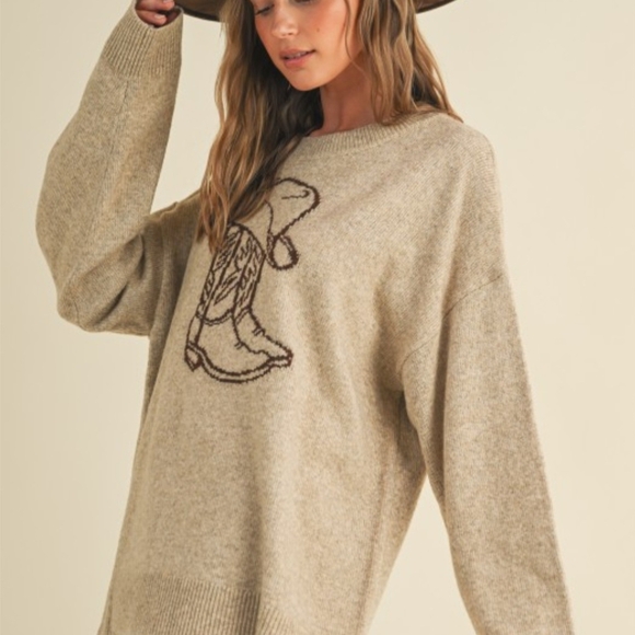SIZE L! Cloud Ten!Cozy Beige Sweater with Cowboy Boot Design - Picture 6 of 10